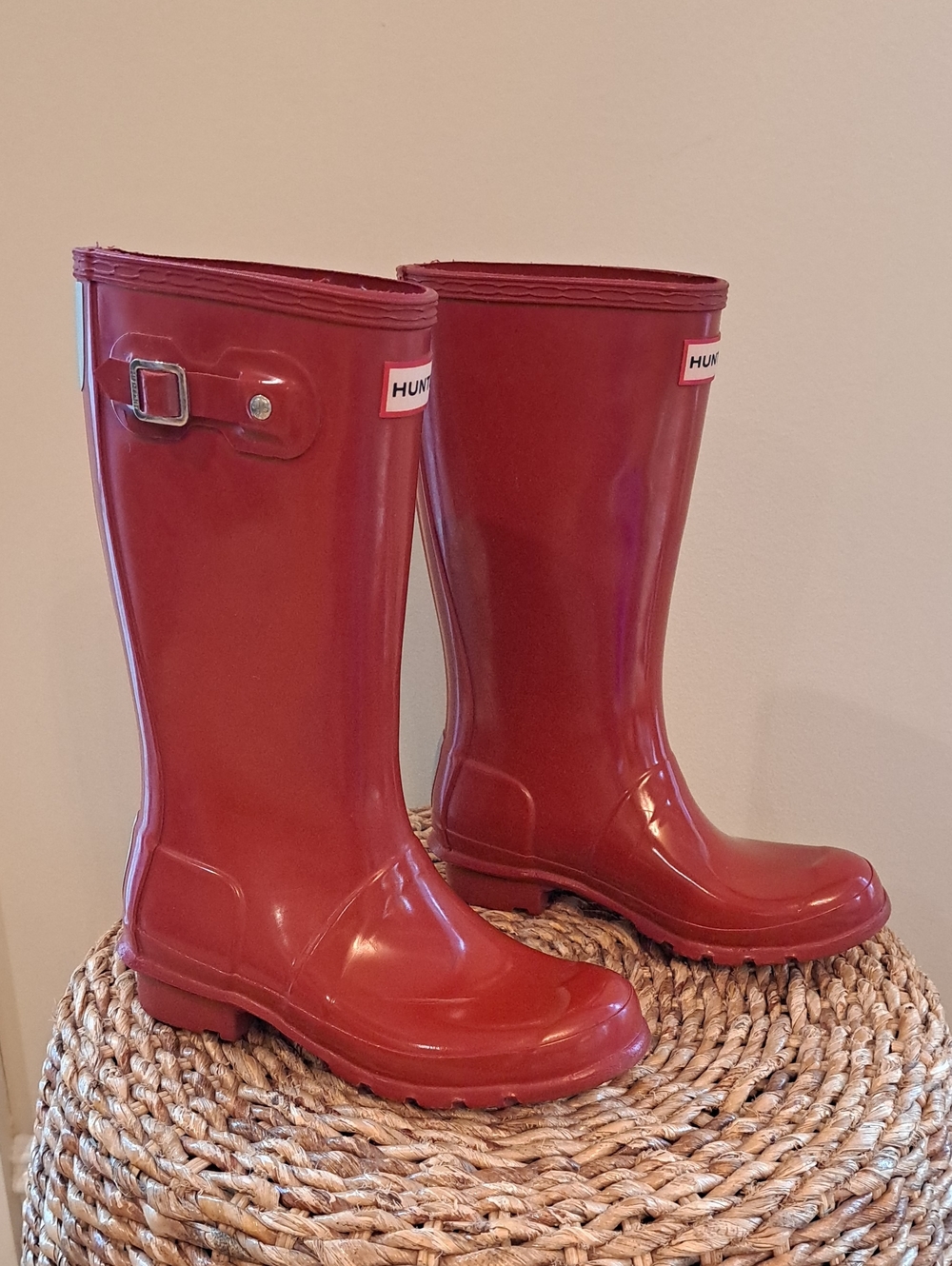 Hunter Youth Classic Preppy Gloss Cherry Red Wellie Rain Tall Buckle Boots B3/G4